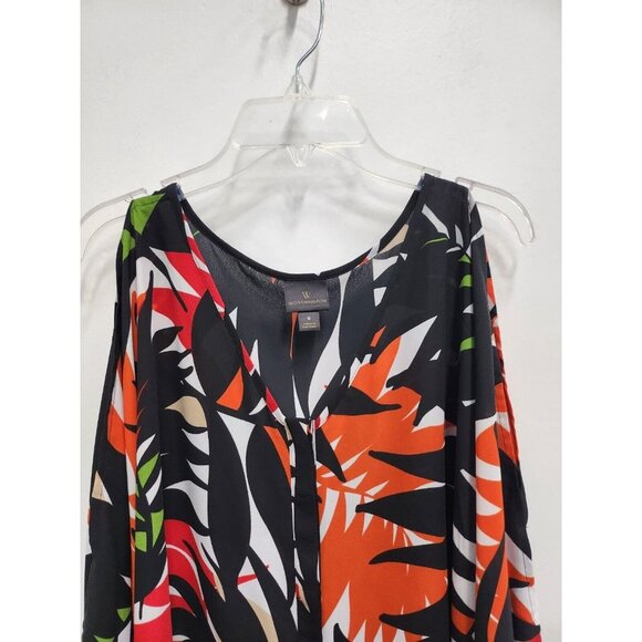 Worthington Womens Cold Shoulder Blouse Size Small Black Red Leaf Print Tropical - Picture 2 of 8